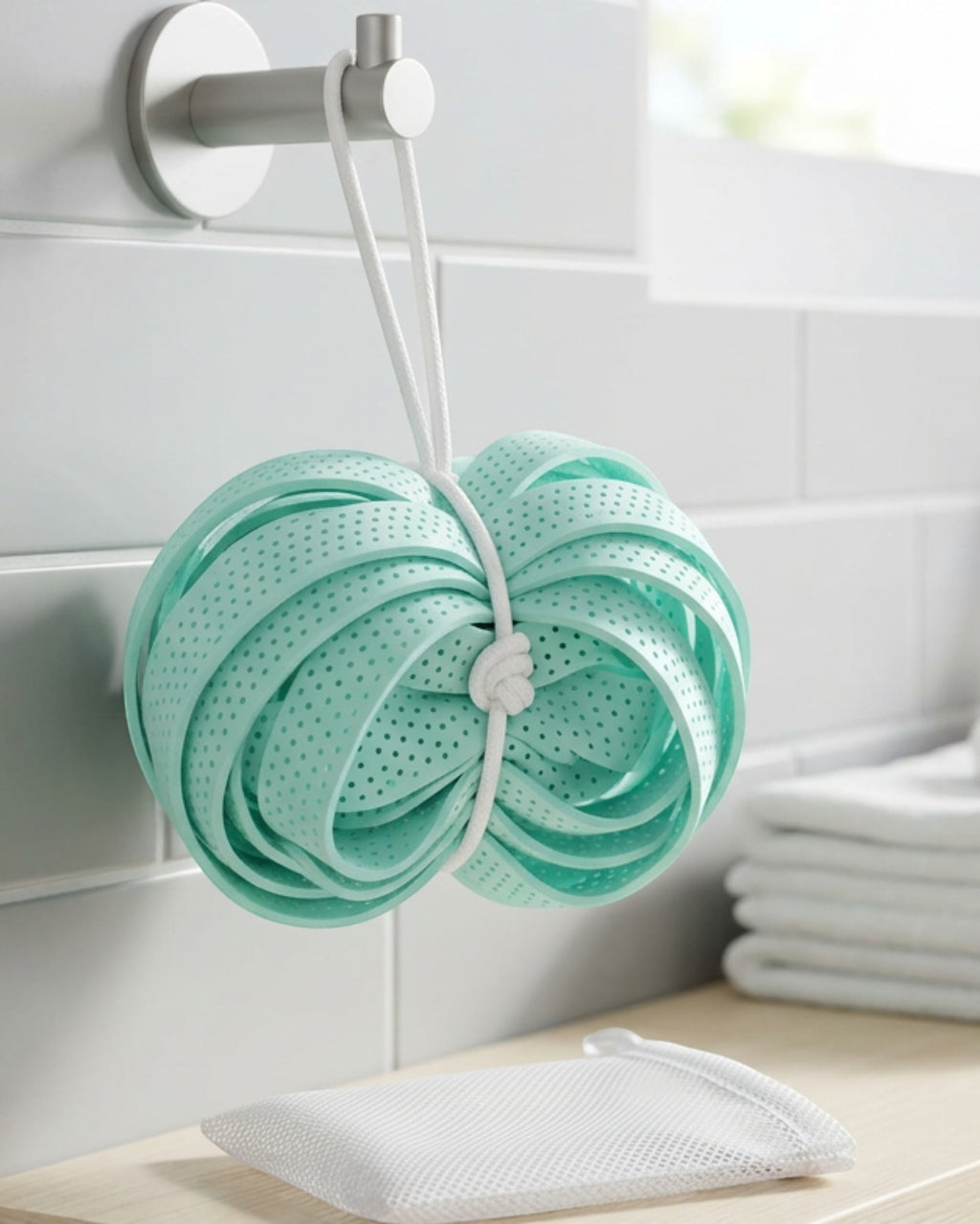 Pndwr Perforated EVA Ribbon Bath Ball Seafoam - Lifestyle view